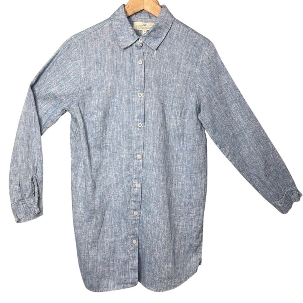 Crown Linen Designs Blue Linen Tunic Shirt Button Front Made in Ukraine M